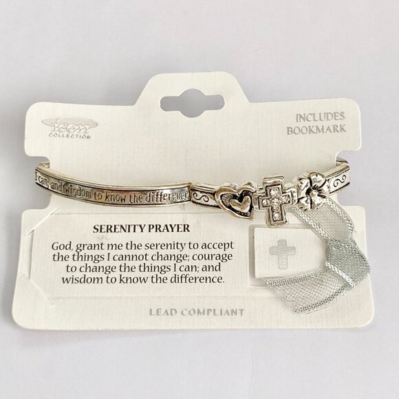 Vintage Serenity Prayer Cross Bracelet Stretch Silver Plated Crystal AA NA 7.25" - Picture 3 of 10